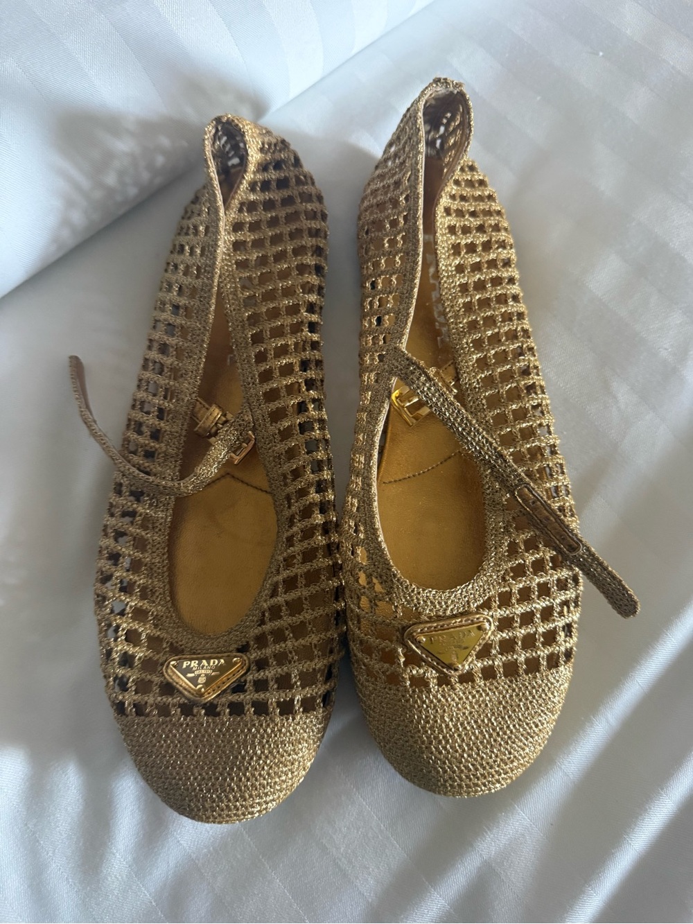 Prada Crochet Mary Jane Flats in Metallic Gold-Tan - Picture 2 of 8